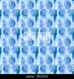 Real watercolor texture. Blue squares. Background painted on watercolor paper. Stock Photo