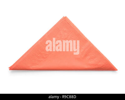 Orange paper napkin folded as triangle. Isolated on white, clipping path included Stock Photo