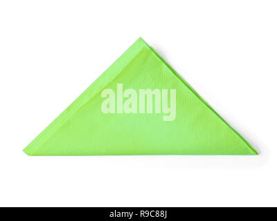Green paper napkin folded as triangle. Isolated on white, clipping path included Stock Photo