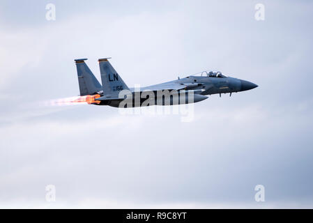 An F-15C Eagle assigned to the 493rd Fighter Squadron takes off for a sortie during the NATO Tactical Leadership Programme 18-4 at Amendola Air Base, Italy, Nov. 29, 2018. With over four decades of history, TLP has become the focal point for NATO’s Allied Air Forces tactical training, developing knowledge and leadership skills, necessary to face today's air tactical challenges. (U.S. Air Force photo/ Senior Airman Malcolm Mayfield) Stock Photo