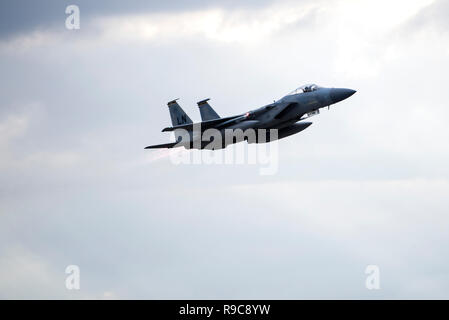 An F-15C Eagle assigned to the 493rd Fighter Squadron takes off for a sortie during the NATO Tactical Leadership Programme 18-4 at Amendola Air Base, Italy, Nov. 29, 2018. With over four decades of history, TLP has become the focal point for NATO’s Allied Air Forces tactical training, developing knowledge and leadership skills, necessary to face today's air tactical challenges. (U.S. Air Force photo/ Senior Airman Malcolm Mayfield) Stock Photo