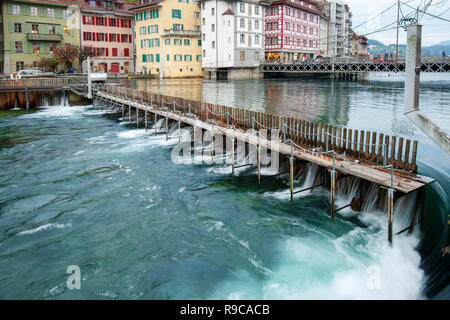 The wooden spikes of Nadelwehr are still used to regulate the water level of Lake Lucerne in Lucerne, Switzerland Stock Photo