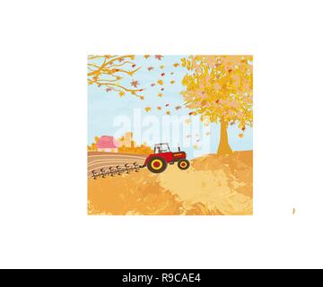 Tractor plowing field in autumn Stock Vector