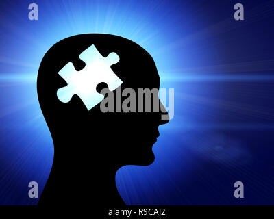 Human profile and brain in the form of the puzzle. On blue background Stock Photo