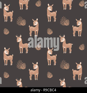 Dark seamless autumn pattern with forest deer and pine cone Stock Photo