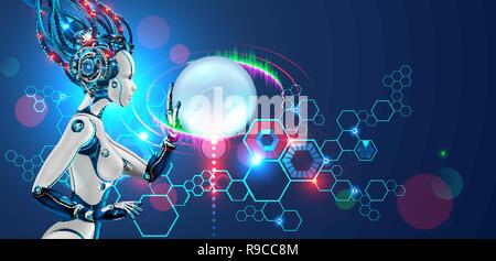 Robot work side view. Cyborg or android woman touches virtual graphics interface. Ai or artificial intelligence analyzes abstract information on hud. futuristic technology banner. Stock Vector