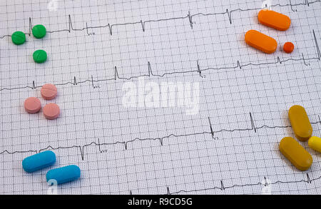 Drugs in the form of tablets of different colors and sizes on an electrocardiogram sheet. Stock Photo