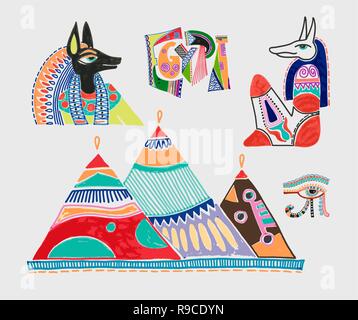 set of marker sketch drawing of egyptian mythological elements Stock Vector