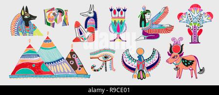 set of marker sketch drawing of egyptian mythological elements Stock Vector