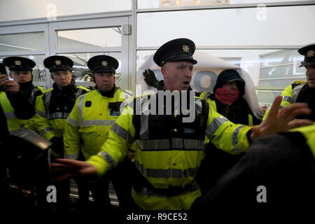 Members of the Garda protect the entrance to the KBC Bank on Sandwith Street in Dublin as Yellow Vest Ireland protestors approach during a demonstration against the Irish government's record on a range of social issues, including the housing crisis and recent evictions. Stock Photo