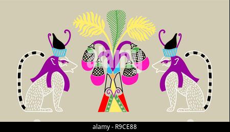 Egyptian pattern with two cat gods and a palm tree with coconuts Stock Vector