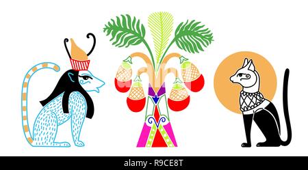 egyptian pattern with two animal god and fruit palm Stock Vector