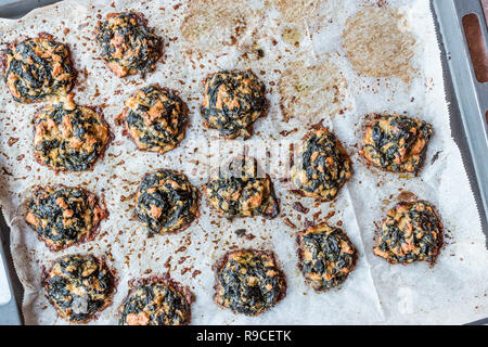 Freshly Baked Spinach Cookie Balls in Oven Tray. Homemade Organic Food. Stock Photo