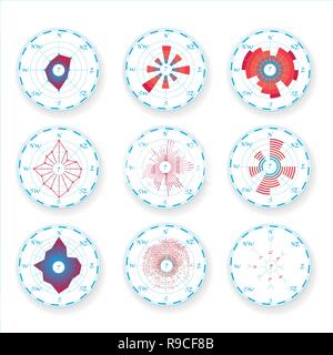 Meteorological graphic wind rose chart set, compass rose. Rose of the Wind for scientific materials and infographic design Stock Vector