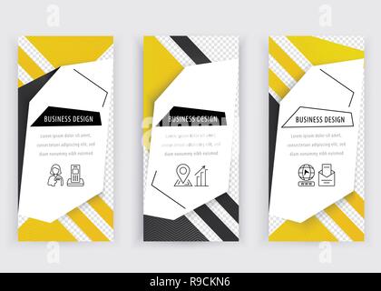 Set of business white banners with yellow black geometric design elements, thin icons. Abstract vector background. Clean design for business, technolo Stock Vector