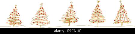 5 gold line Christmas trees vector line  art sketches Stock Vector