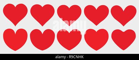 Isolated red flat hearts in a range of details and shapes holiday, valentine, romance, love, wedding, marriage, feeling, icons, symbols Stock Vector