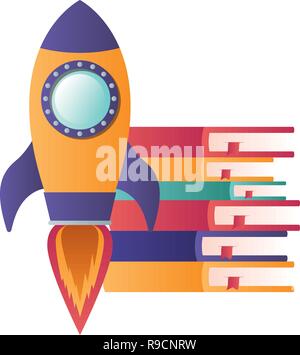 pile of books with rocket isolated icon Stock Vector