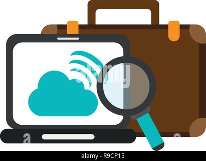 Business briefcase and magnifying glass laptop with cloud computing Stock Vector