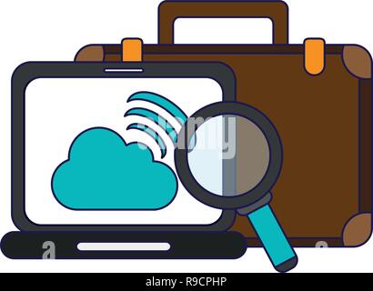 Business briefcase and magnifying glass laptop with cloud computing Stock Vector