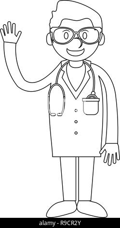 Doctor greeting cartoon in black and white Stock Vector