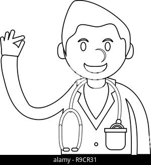 Doctor greeting cartoon in black and white Stock Vector