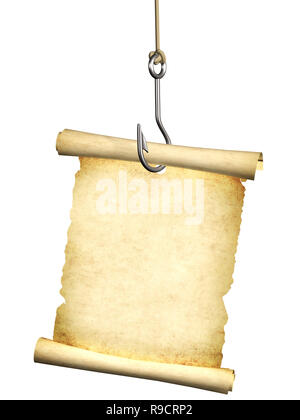 Empty sheet of a paper, hanging on a fishing hook. Isolated on white background Stock Photo