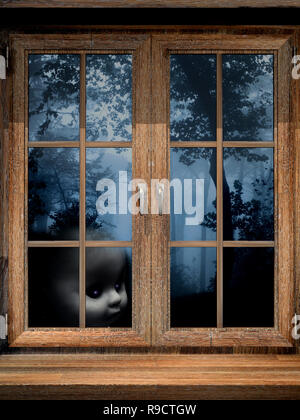 Dark series. Old window and doll ghost in misty forest Stock Photo