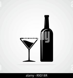 Silhouette of a Bottle and a Glass of wine. Vector illustration. Black bottle and glass of alcohol Stock Vector