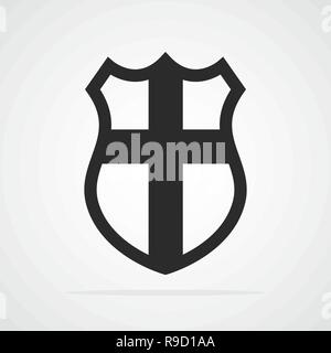 Black shield in flat design. Shield icon isolated on light background. Vector illustration. Stock Vector