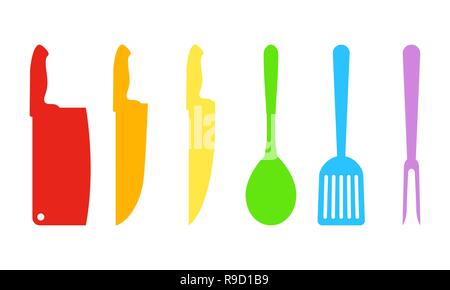 Silhouettes of kitchen accessories. Vector illustration. Set of colored kitchen tools, isolated Stock Vector
