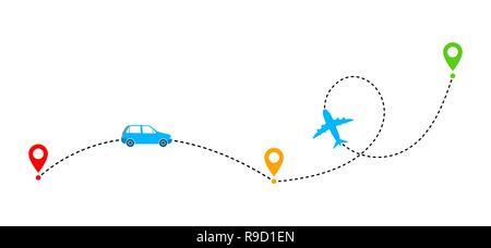 Concept of traveling by car and plane. Vector illustration. Traveling route or track with location markers Stock Vector