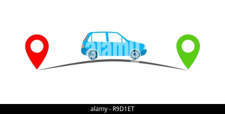Car and its traveling route or track with green and red location marker. Vector illustration. Travel concept Stock Vector