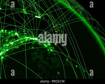 Caribbean from space on model of green planet Earth with network. Concept of green technology, connectivity and travel. 3D illustration. Elements of t Stock Photo