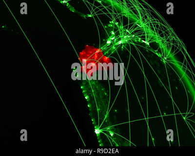 Ecuador on green model of planet Earth with network at night. Concept ...