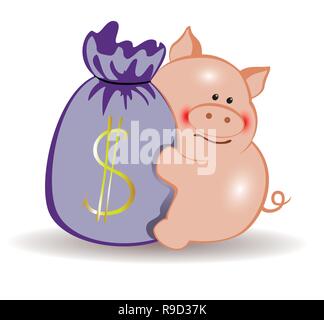 Pig with a bag of money. Symbol of the New Year Stock Vector
