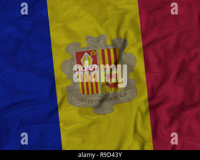 Closeup of Ruffled Andorra flag, Fabric Ruffled Flag Background. Stock Photo