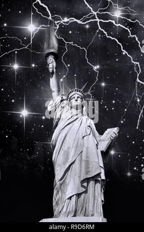 Statue of Liberty in a lighting storm and stars in black and white. Stock Photo
