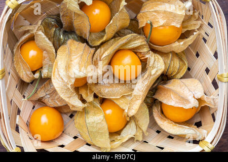 Basket with flowers and fruits of Fisalis (Physalis peruviana). Viewed from above. Stock Photo