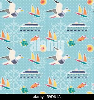 Hand drawn maritime stickers seamless pattern. Stock Vector