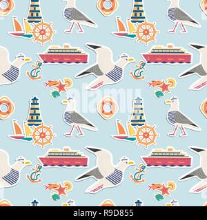 Hand drawn maritime stickers seamless pattern. Stock Vector
