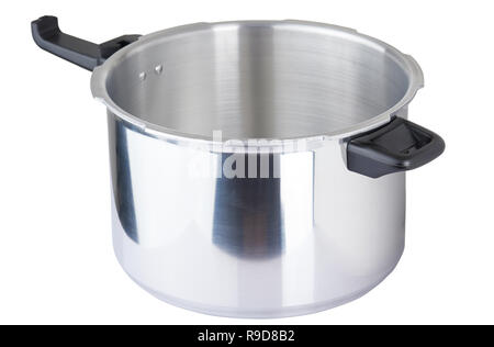 New metal pot with black handle isolated on white background Stock Photo