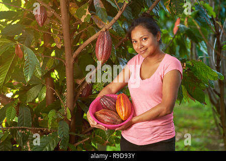 Young woman with tray full of cacao beans on green tree sunny background Stock Photo