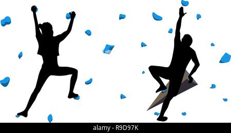 Black silhouettes of climbers who climb on a wall in a climbing gym isolated on a white background. Vector illustration. Stock Vector