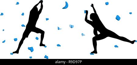 Black silhouettes of climbers who climb on a wall in a climbing gym isolated on a white background. Vector illustration. Stock Vector