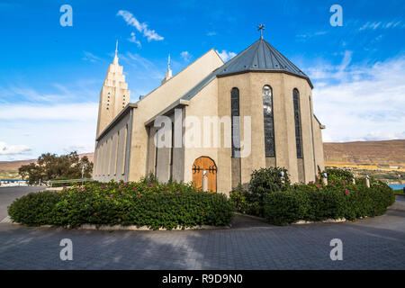 Church of Akureyri on sunny day in north of Iceland Stock Photo