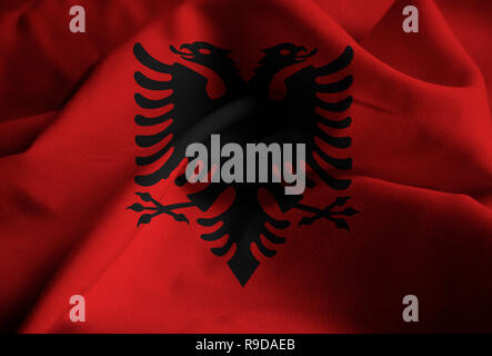 Closeup of Ruffled Albania Flag, Albania Flag Blowing in Wind Stock Photo