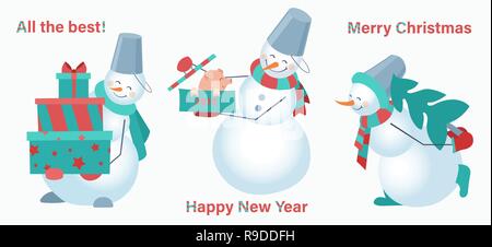 Set of snowmen on a white background. Snowman with gifts, pig and fur-tree. Happy New Year. Merry Christmas Stock Vector