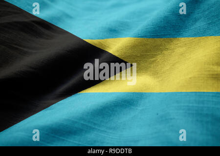 Closeup of Ruffled Bahamas Flag, Bahamas Flag Blowing in Wind Stock Photo