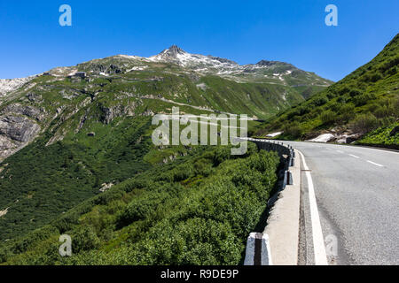 Scenic road to the Furka Pass in the Swiss Alps, very popular among cyclists and motorcyclists, Valais, Switzerland
